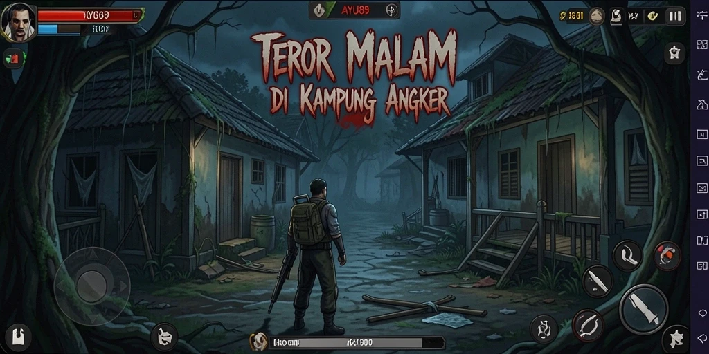 Screenshot AYU89 menampilkan momen menegangkan saat menjelajahi desa angker.