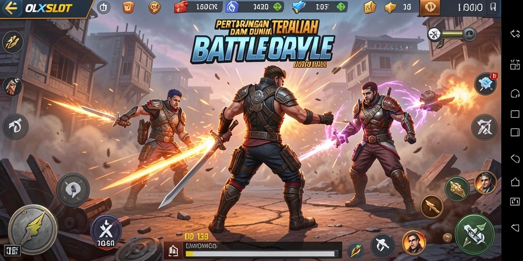 Screenshot utama OLXSLOT menampilkan aksi pertarungan Battle Royale yang seru.